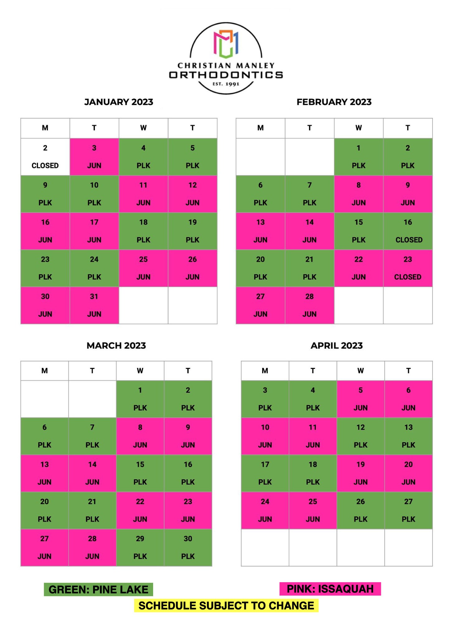 Manley 2023 Office Schedule
